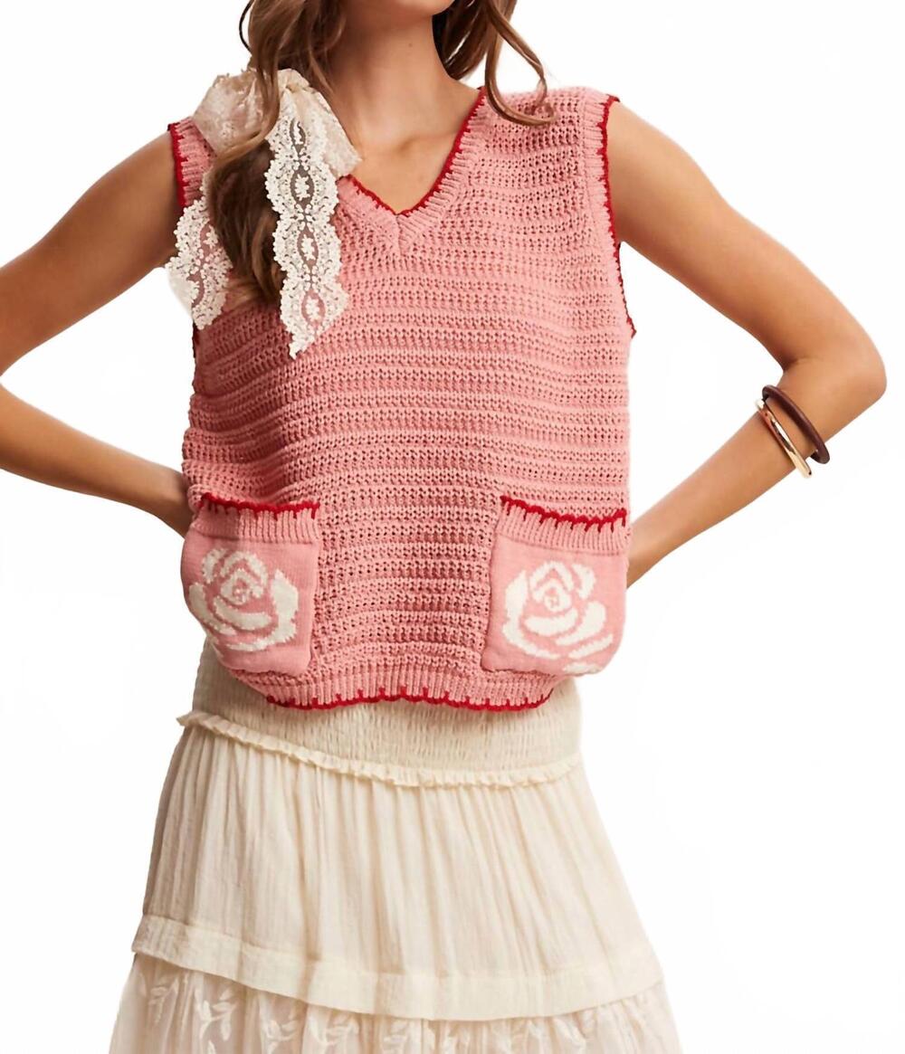 NEW LISTICLE dorsey crochet rose pocket knit vest in strawberry